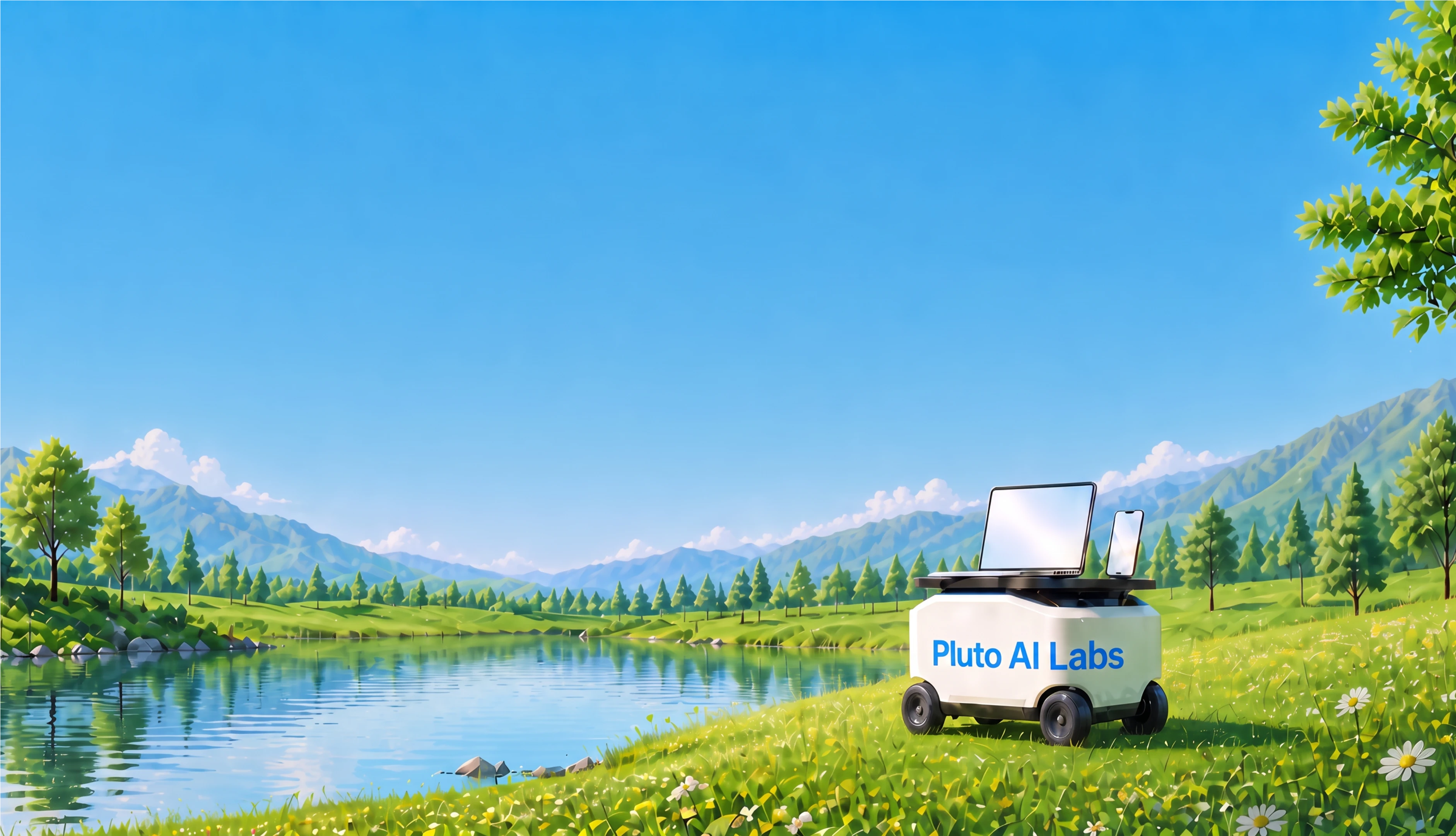 A Pluto AI Labs robot cart parked on a lakeside meadow, a laptop and phone working away on top — automation running on its own in a calm landscape