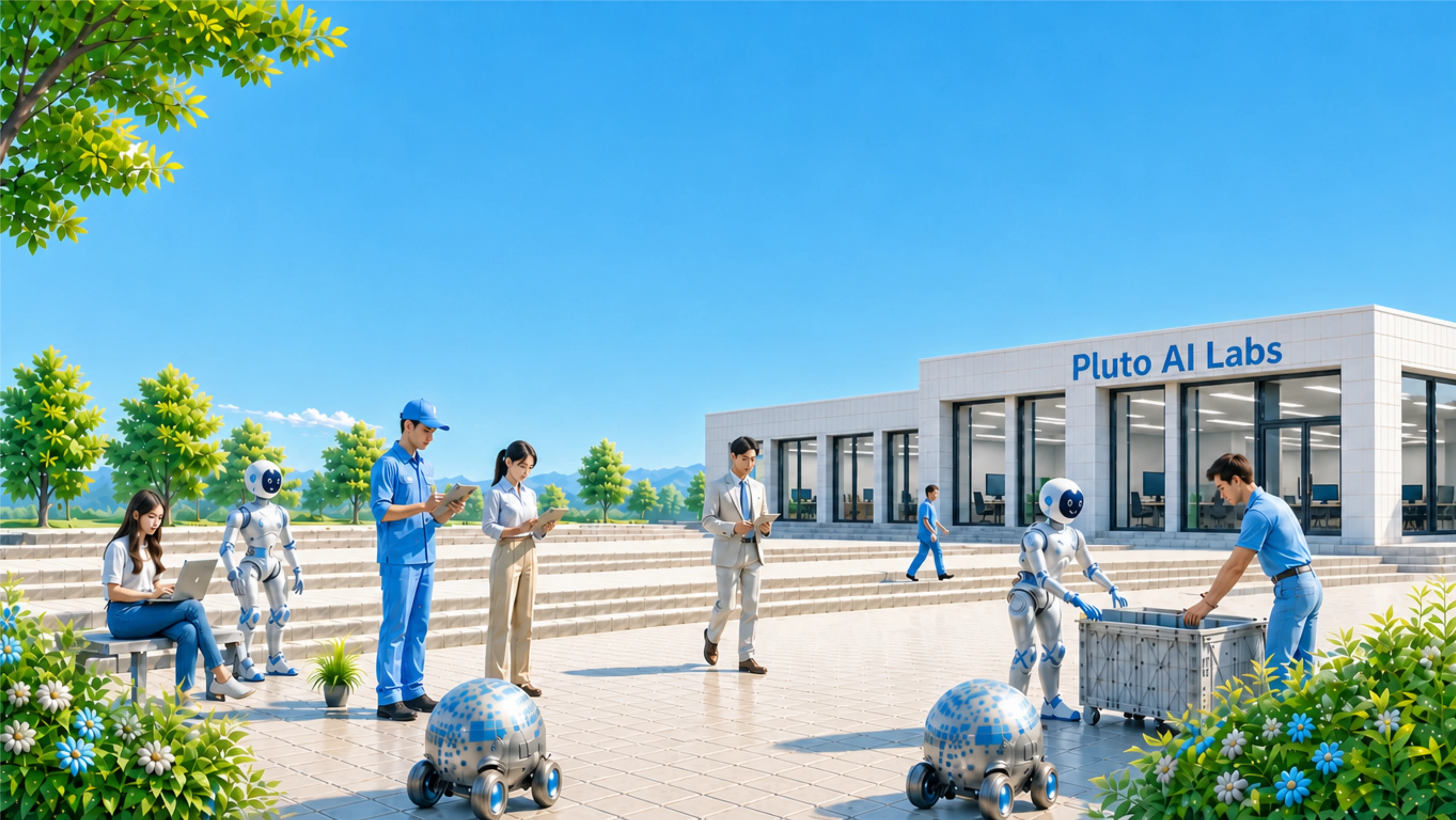 People and robots working together on the plaza outside the Pluto AI Labs building under a clear blue sky